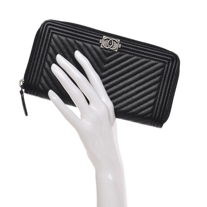 Chanel Caviar Chevron Quilted Zip Around Boy Wallet Black 2 of 8