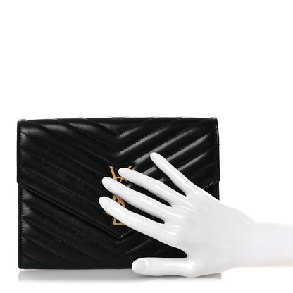 Saint Laurent Lambskin Matelasse Chevron Monogram Cassandre Flap Pouch Black 2 of 9