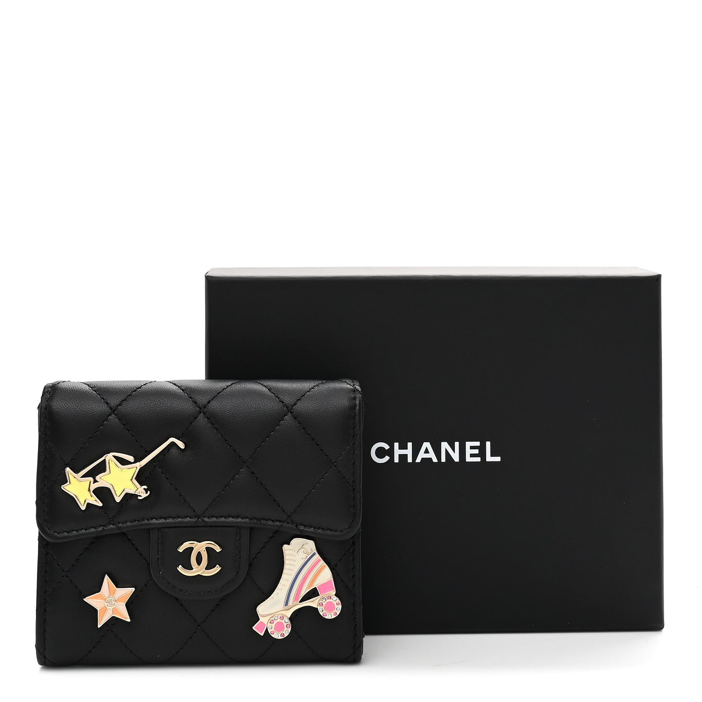 Lambskin Enamel Quilted Roller Skate Compact Flap Wallet Black