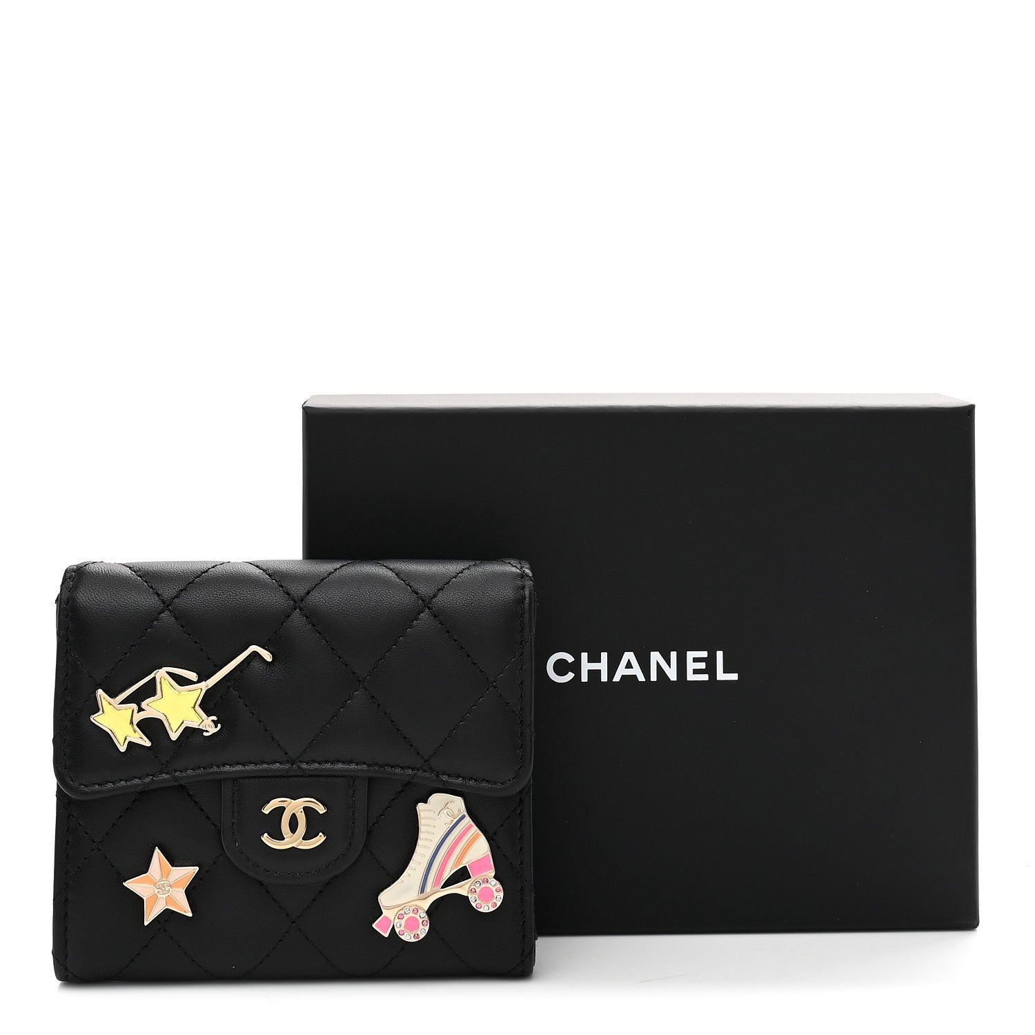 Chanel Lambskin Enamel Quilted Roller Skate Compact Flap Wallet Black 9 of 9