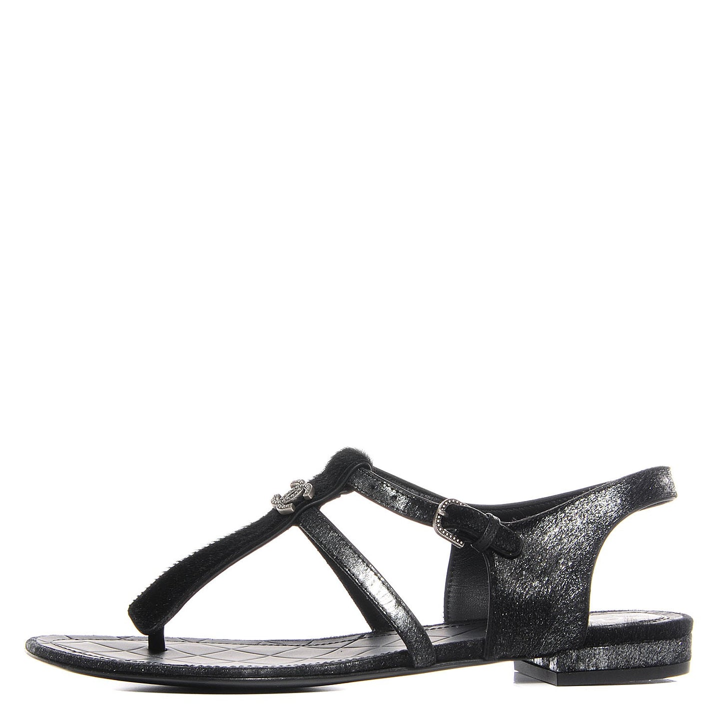Calfskin Pony Hair CC Thong Sandals 37 Black Silver