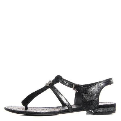Chanel Calfskin Pony Hair CC Thong Sandals 37 Black Silver 1 of 7