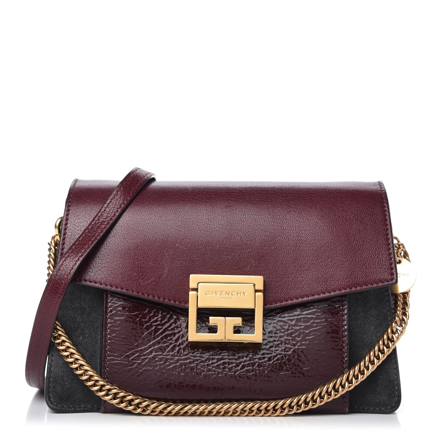 Givenchy Crinkled Patent Deerskin Suede Small GV3 Shoulder Bag Aubergine Graphite 1 of 9