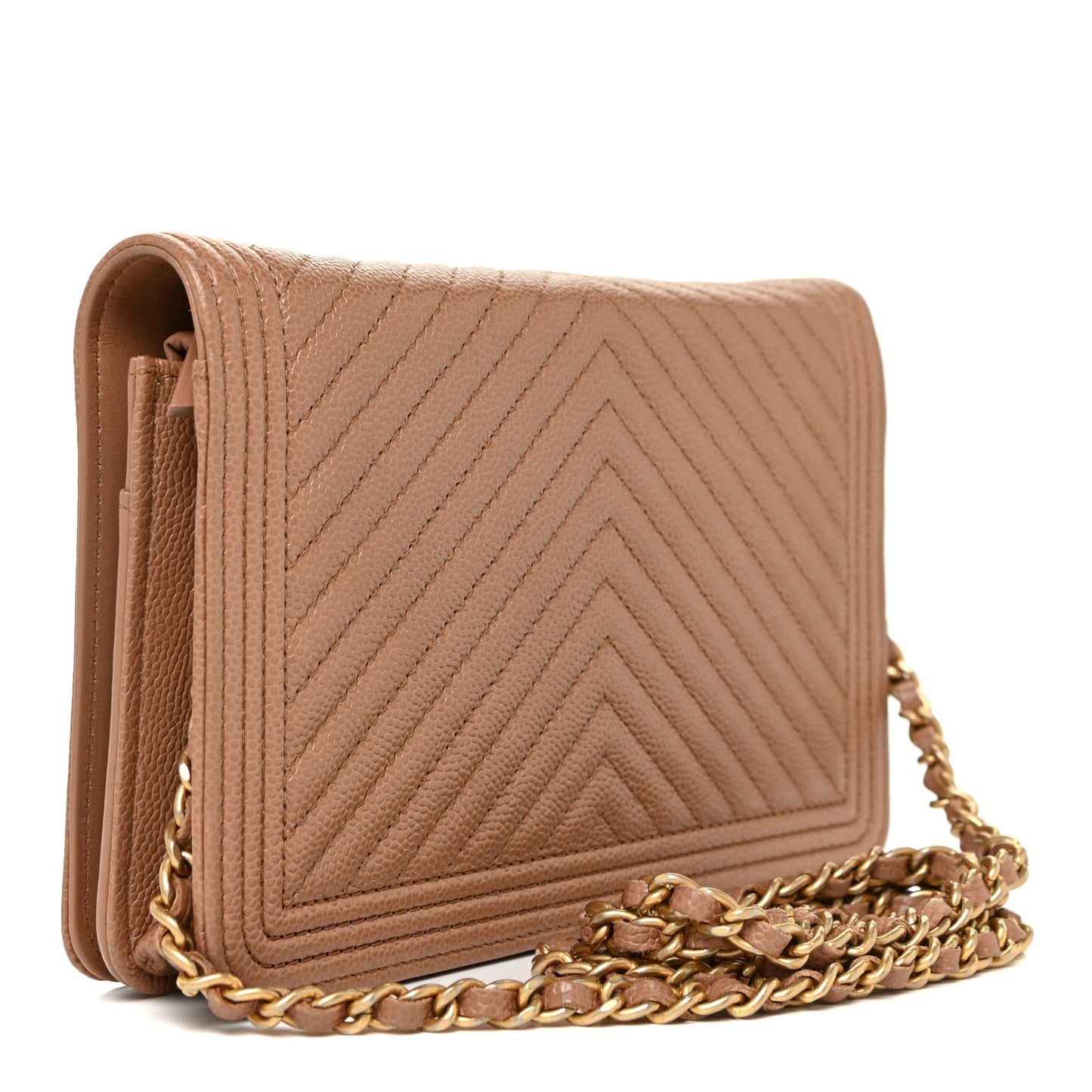Caviar Chevron Quilted Boy Wallet On Chain WOC Dark Beige