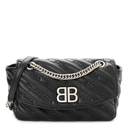 Balenciaga Calfskin Logo Matelasse S BB Round Shoulder Bag Black 1 of 12