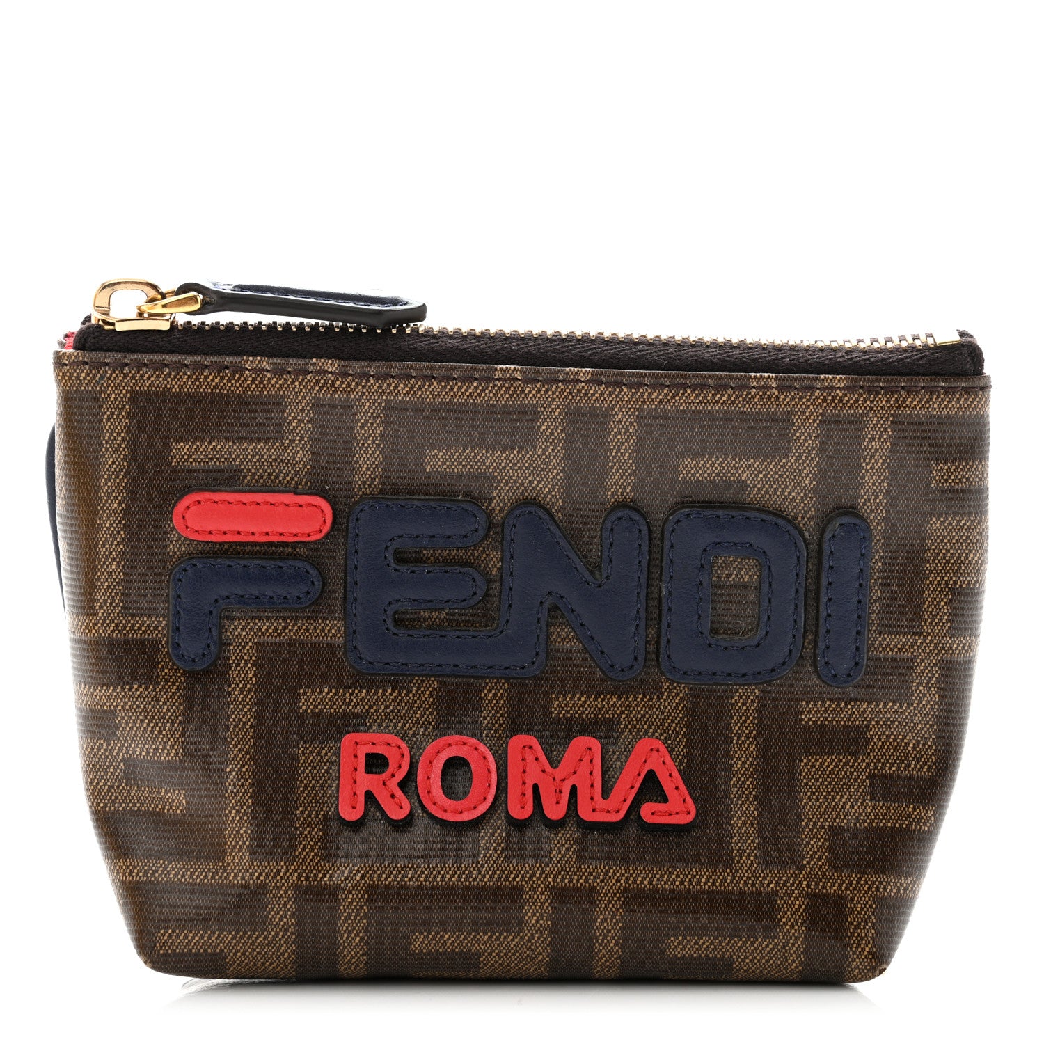 Fendi Glazed Fabric Vitello Century FF 1974 Mania Beauty Pouch Mogano Panna Blueberry 1 of 7