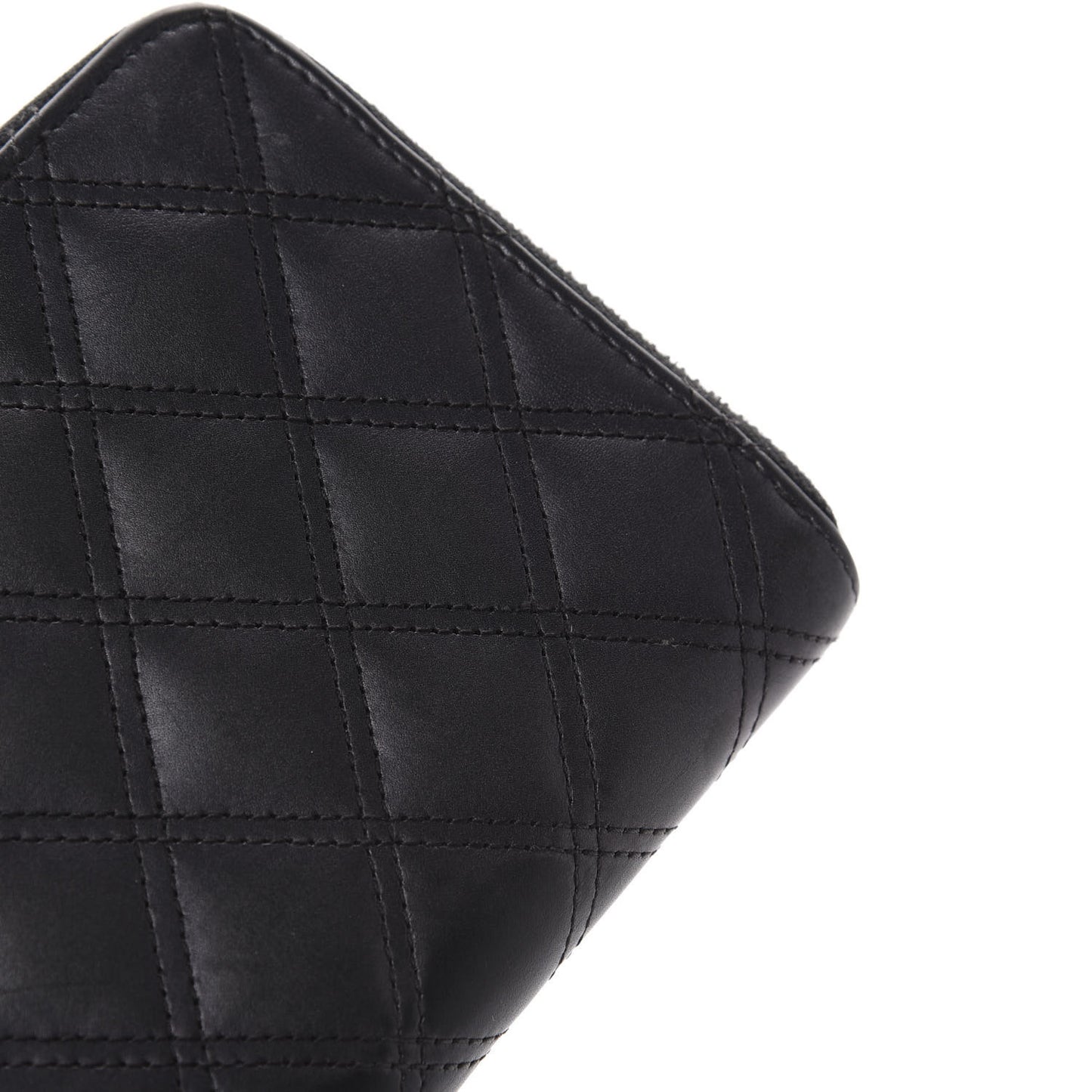 Lambskin Double Stitch Quilted Large Gusset Zip Around Wallet Black