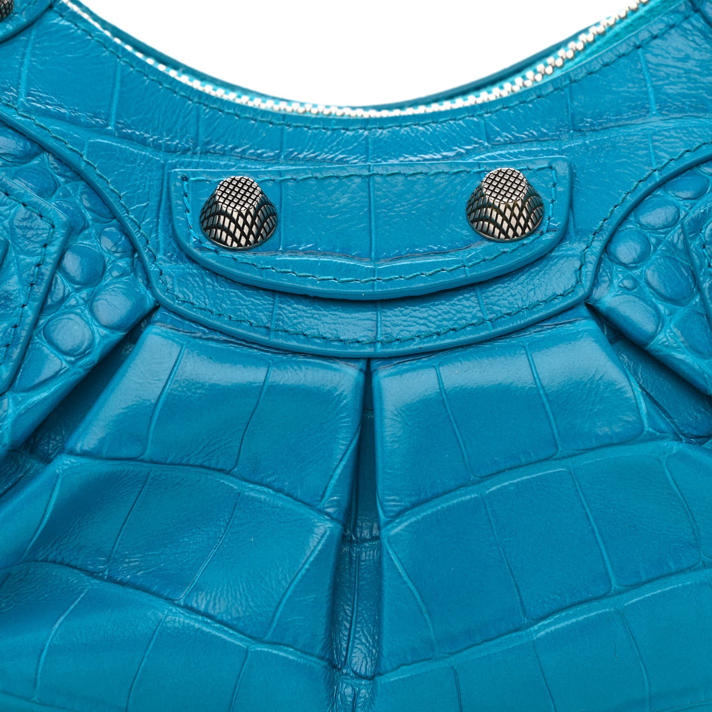Extra Supple Calfskin Crocodile Embossed Le Cagole Shoulder Bag XS Turquoise