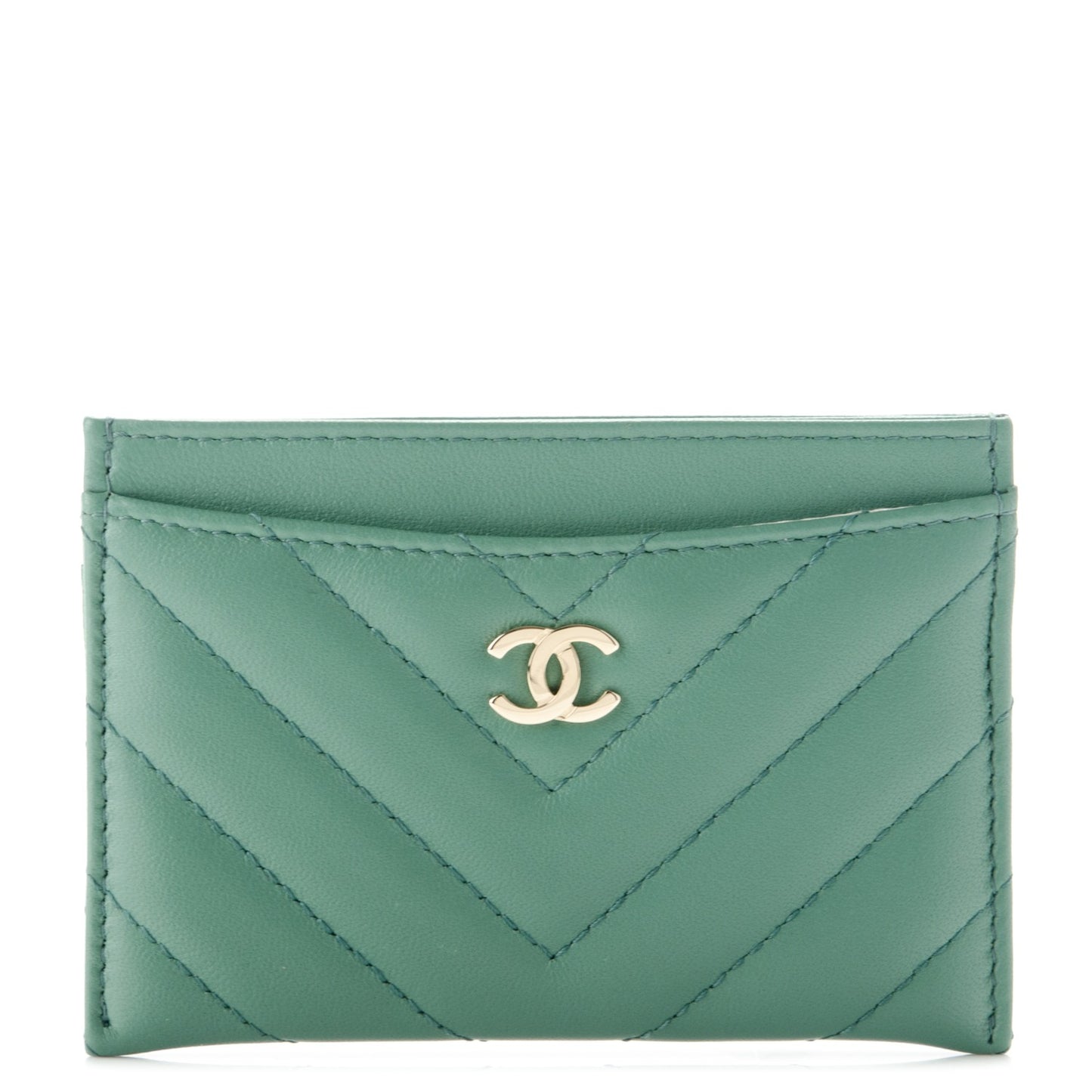 Lambskin Chevron Quilted Card Holder Green