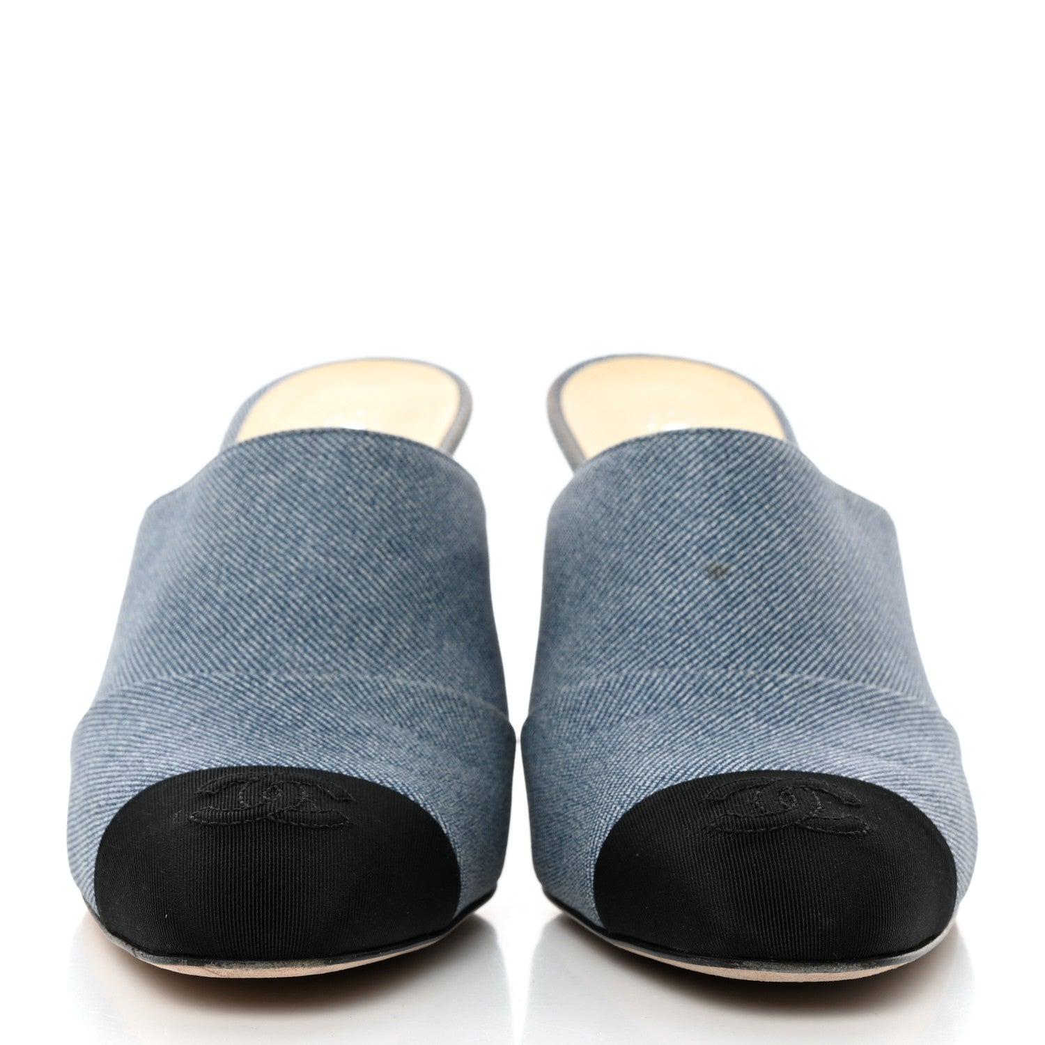Chanel Printed Lambskin Grosgrain Cap Toe CC Mules 39 Blue Black 2 of 9