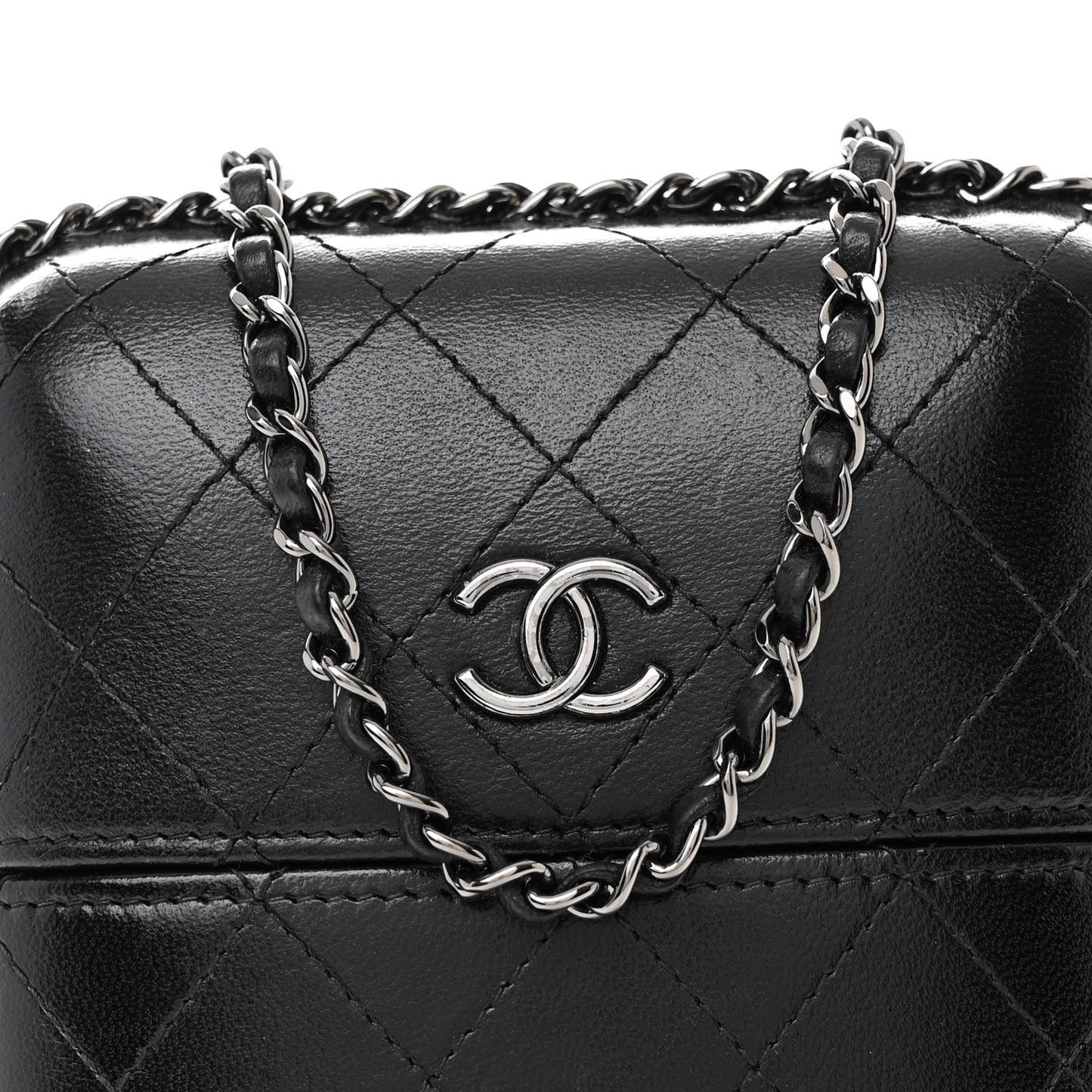 Lambskin Quilted Chain Around Phone Holder Black