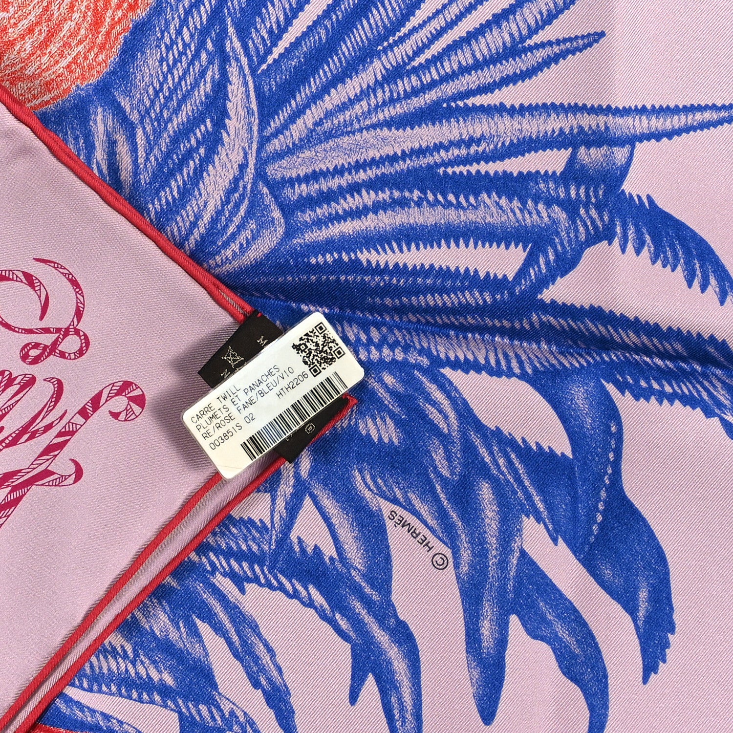 Hermes Silk Twill Plumets Et Panaches Scarf 90 Rose Fane Bleu Violet 3 of 3