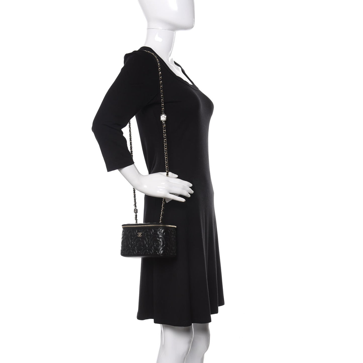 Lambskin Camellia Embossed Small Vanity Case With Chain Black