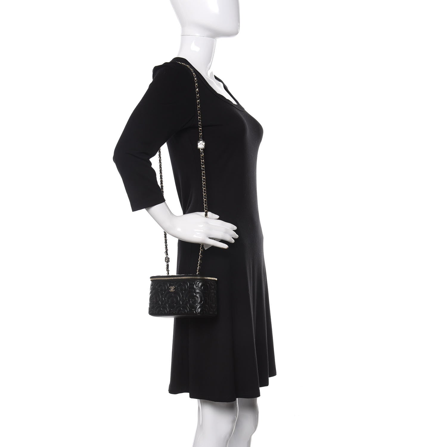 Chanel Lambskin Camellia Embossed Small Vanity Case With Chain Black 2 of 11