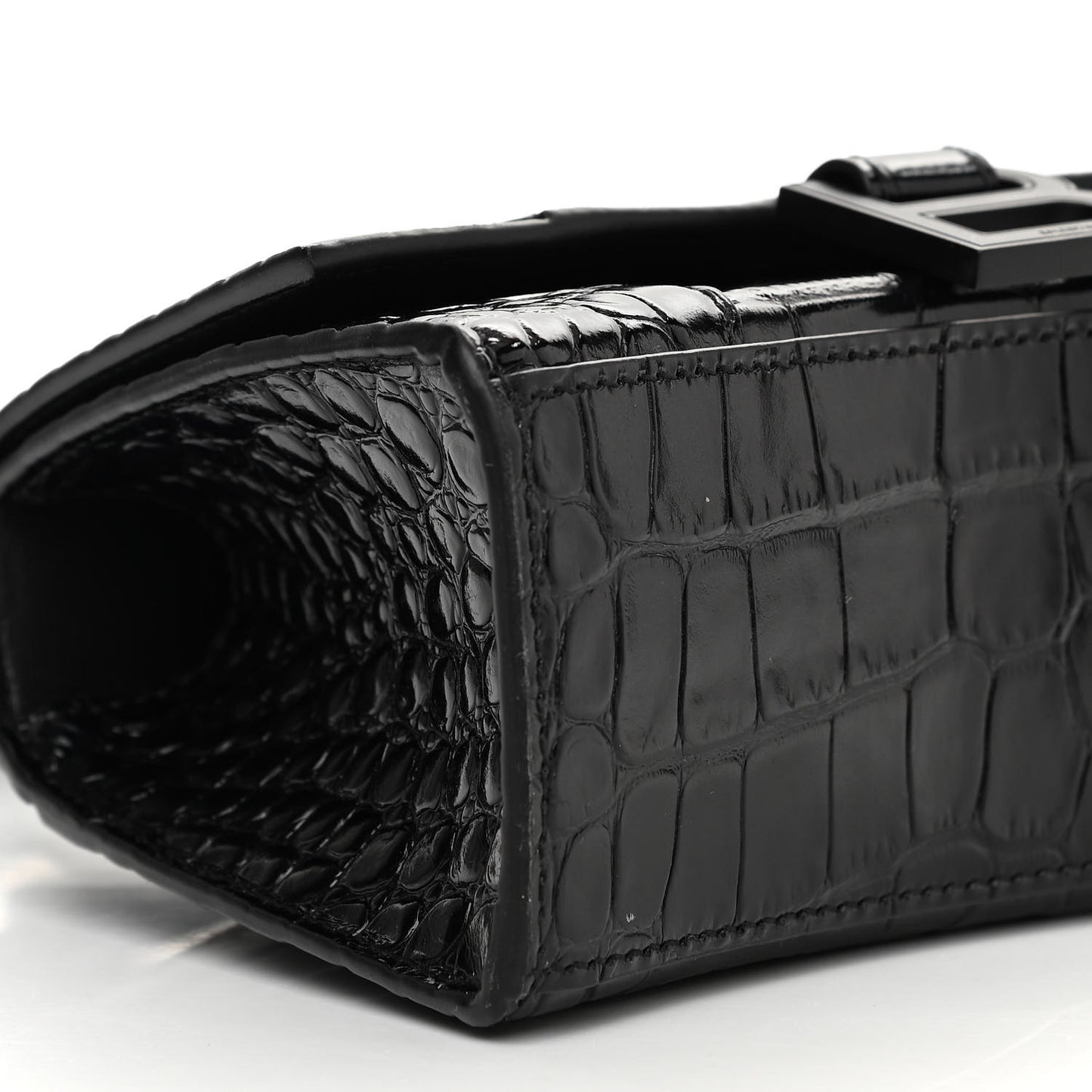 Shiny Calfskin Monochrome Crocodile Embossed Hourglass Top Handle Bag XS Black