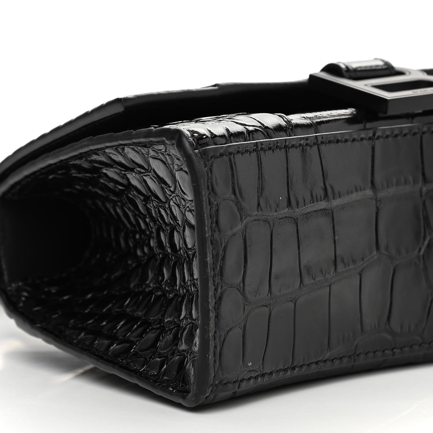 Balenciaga Shiny Calfskin Monochrome Crocodile Embossed Hourglass Top Handle Bag XS Black 10 of 12
