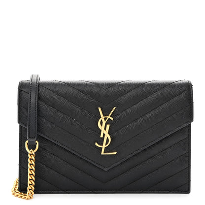 Saint Laurent Grain De Poudre Matelasse Chevron Monogram Envelope Chain Wallet Black 1 of 12