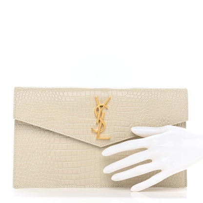 Saint Laurent Calfskin Crocodile Embossed Uptown Monogram Pouch Crema Soft 2 of 8