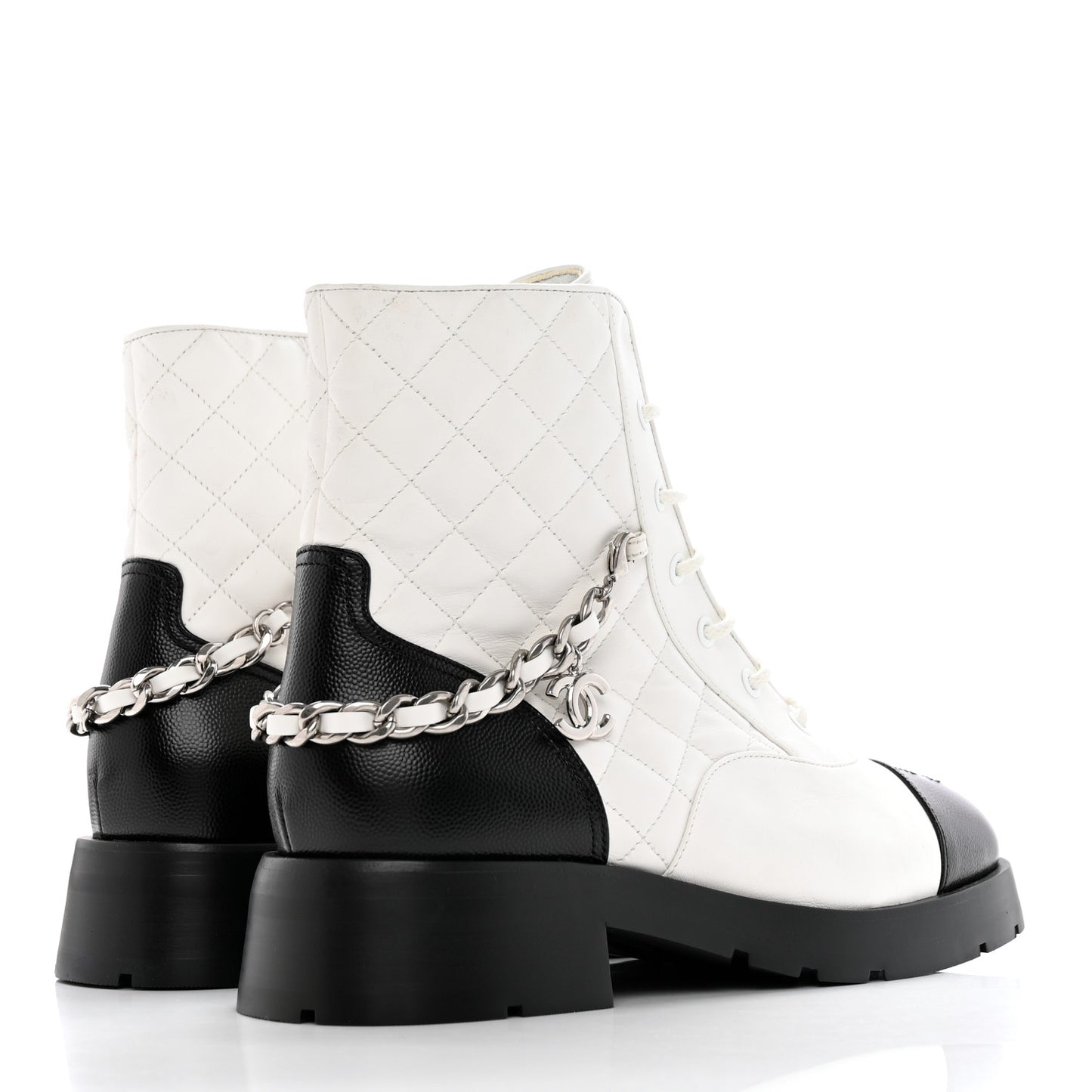 Caviar Calfskin Quilted Chain Lace Up Combat Boots 40 White Black