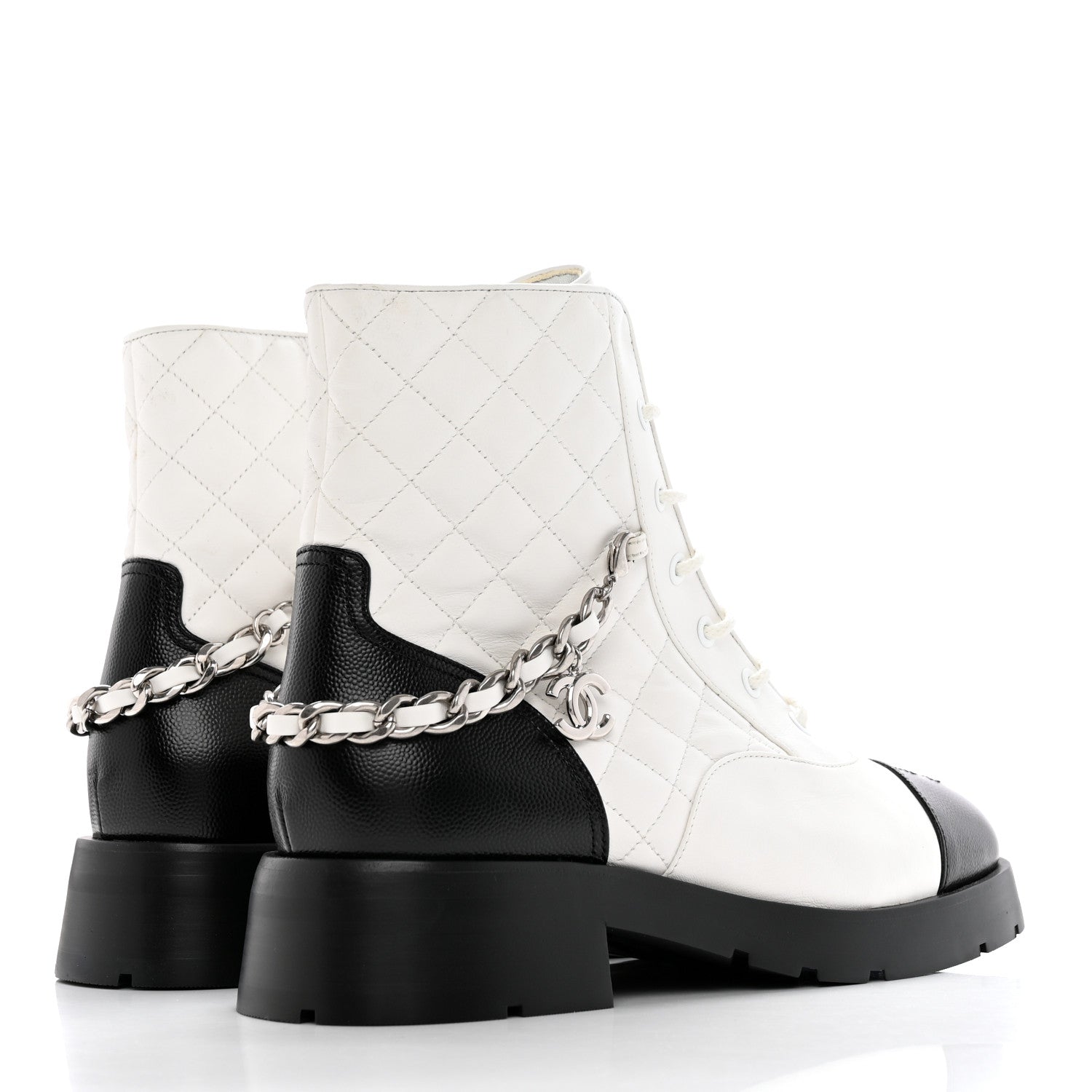 Chanel Caviar Calfskin Quilted Chain Lace Up Combat Boots 40 White Black 4 of 13