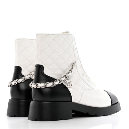 Chanel Caviar Calfskin Quilted Chain Lace Up Combat Boots 40 White Black 4 of 13
