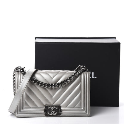 Chanel Metallic Caviar Chevron Quilted Medium Boy Flap Silver 14 of 14