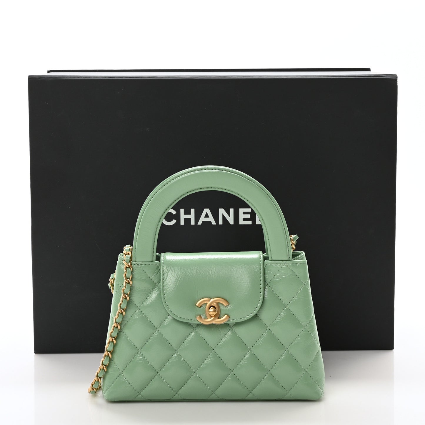 Shiny Aged Calfskin Quilted Nano Kelly Shopper Light Green