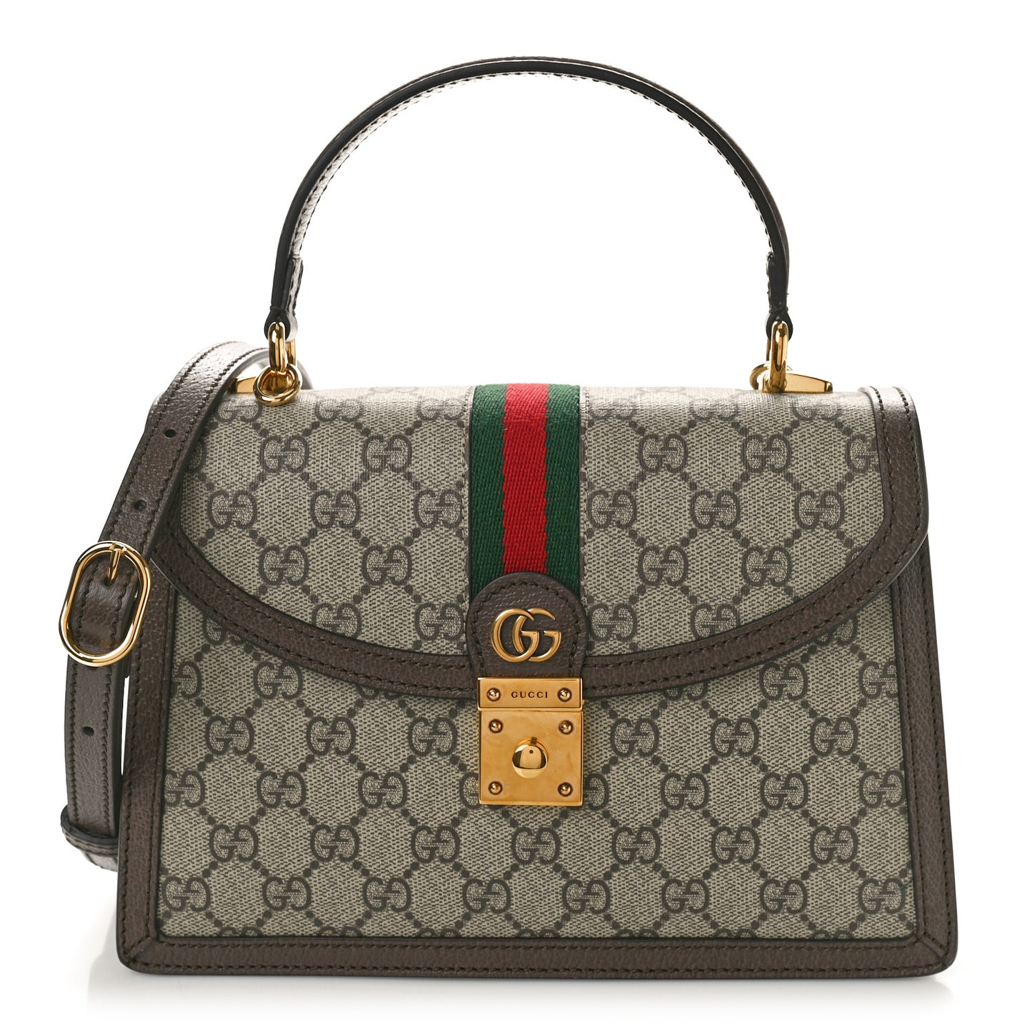 GG Supreme Monogram Textured Dollar Calfskin Web Small Ophidia Padlock Top Handle Bag Beige Ebony New Acero