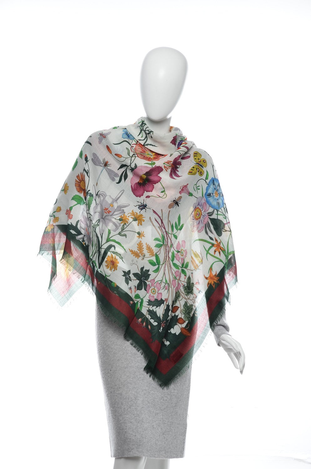 Gucci Wool Silk Floral Web Square Scarf Ivory Dark Green 2 of 6