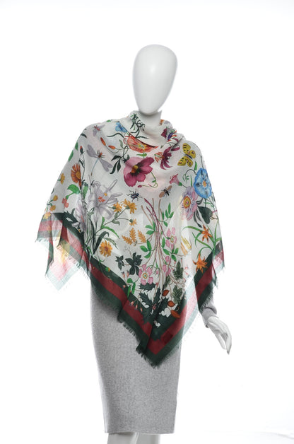Gucci Wool Silk Floral Web Square Scarf Ivory Dark Green 2 of 6