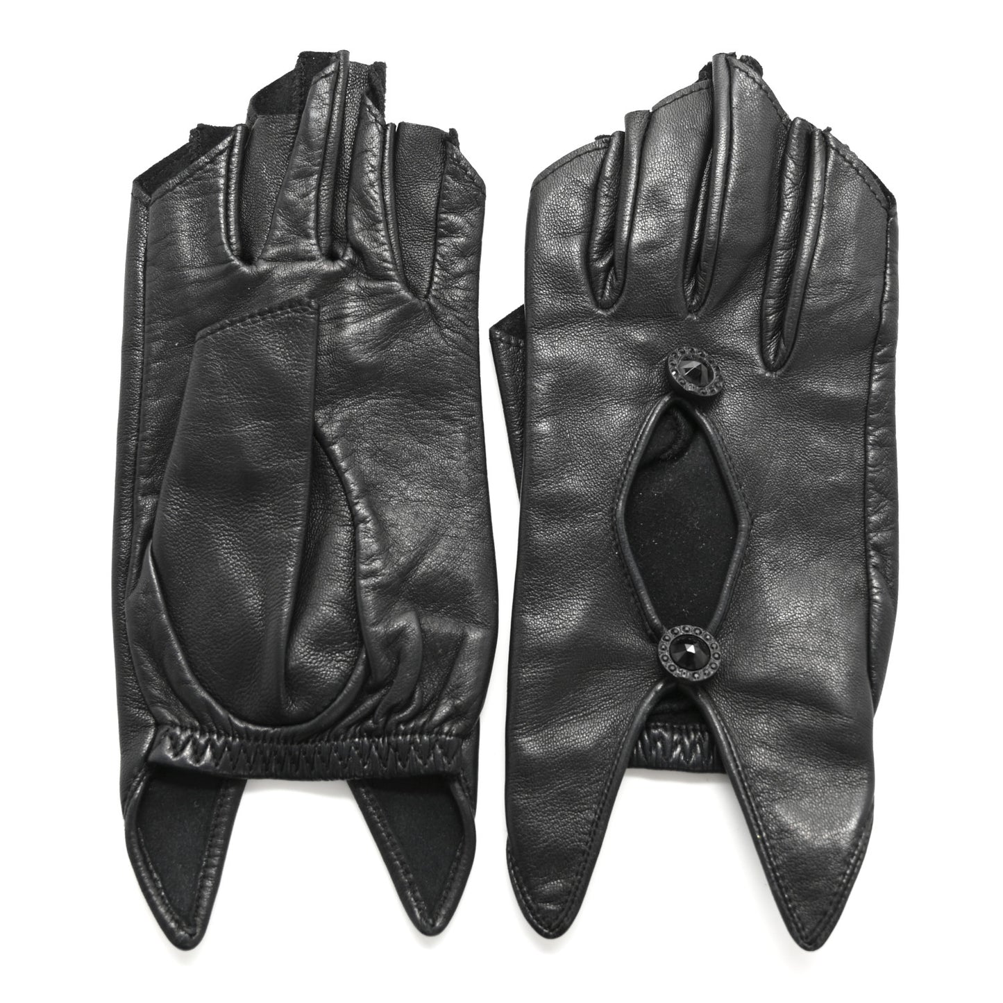 Lambskin Crystal Fingerless Gloves 6 Black