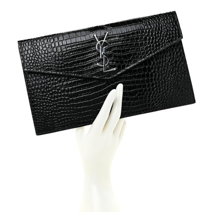 Saint Laurent Calfskin Crocodile Embossed Uptown Monogram Pouch Black 2 of 11