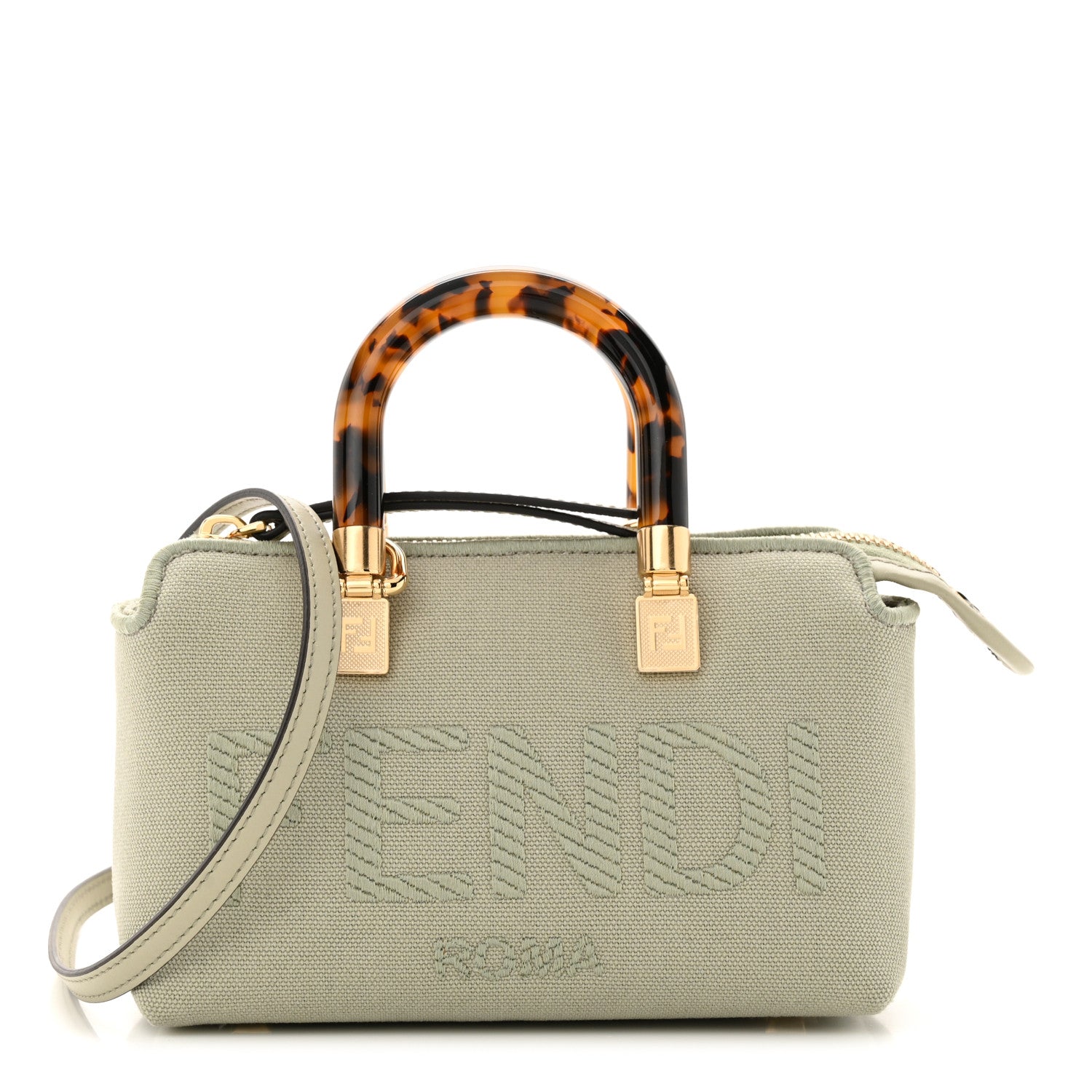 Fendi Canvas Vitello King Plexiglass Logo Embroidered Mini By The Way Top Handle Boston Bag Green Tea 1 of 10