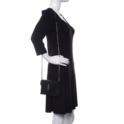 Saint Laurent Grain De Poudre Matelasse Chevron Monogram Envelope Chain Wallet Black 2 of 9