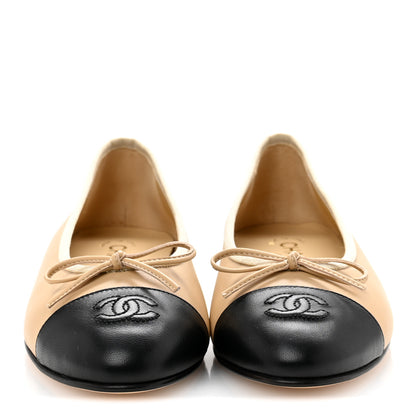 Chanel Lambskin Cap Toe CC Ballerina Flats 38 Beige Black 3 of 10