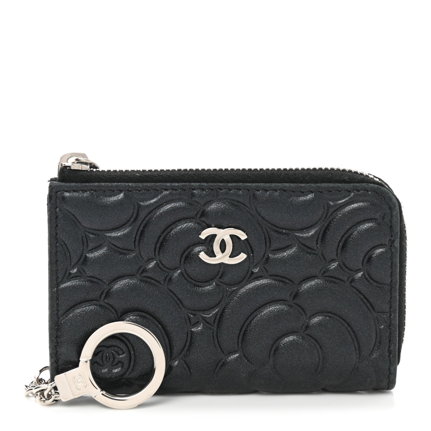 Chanel Lambskin Camellia Embossed Key Holder Case Black 1 of 8