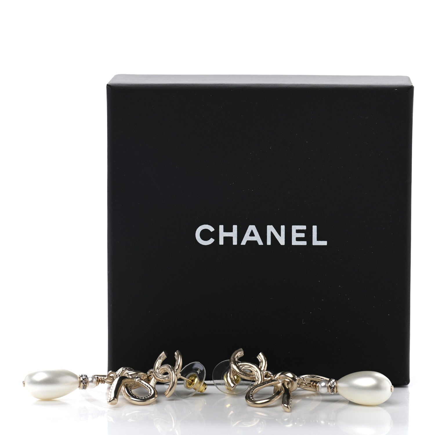 Chanel Pearl Crystal CC Bow Drop Earrings Gold Pearly White 5 of 5