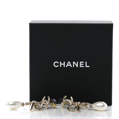 Chanel Pearl Crystal CC Bow Drop Earrings Gold Pearly White 5 of 5