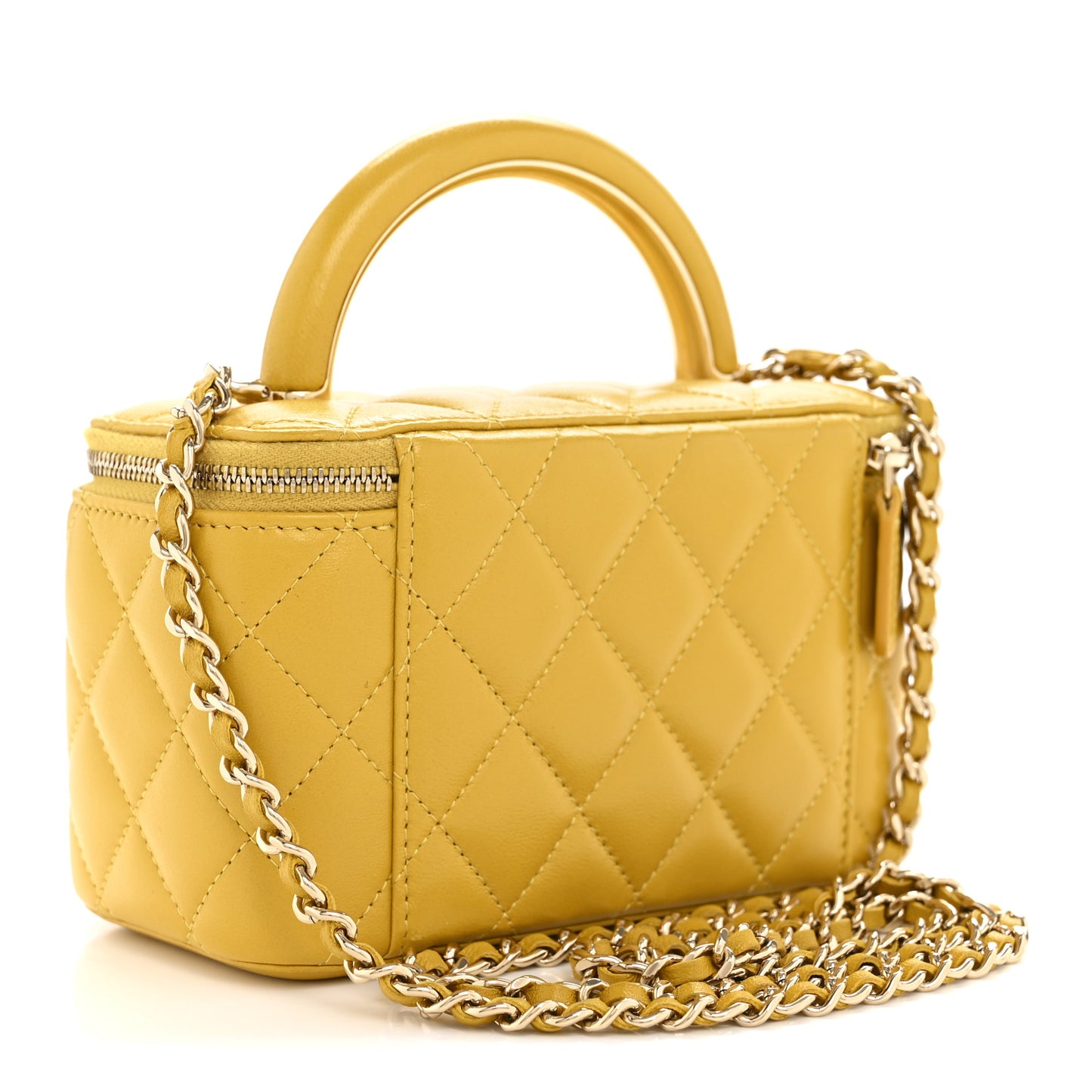 Lambskin Quilted Small Charming Top Handle Vanity Case With Chain Yellow