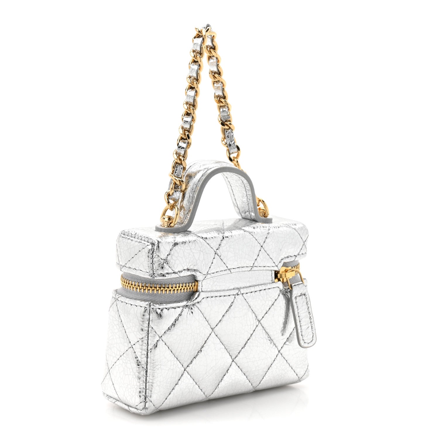 Chanel Metallic Calfskin Quilted Mini Vanity Bag Charm With Hook Silver 3 of 11