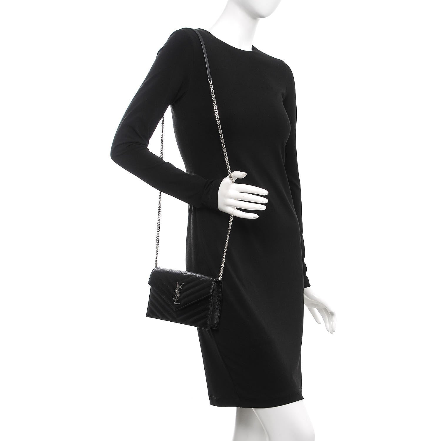 Saint Laurent Grain De Poudre Matelasse Chevron Monogram Envelope Chain Wallet Black 2 of 8