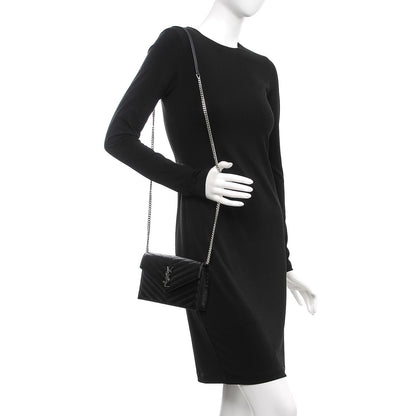 Saint Laurent Grain De Poudre Matelasse Chevron Monogram Envelope Chain Wallet Black 2 of 8