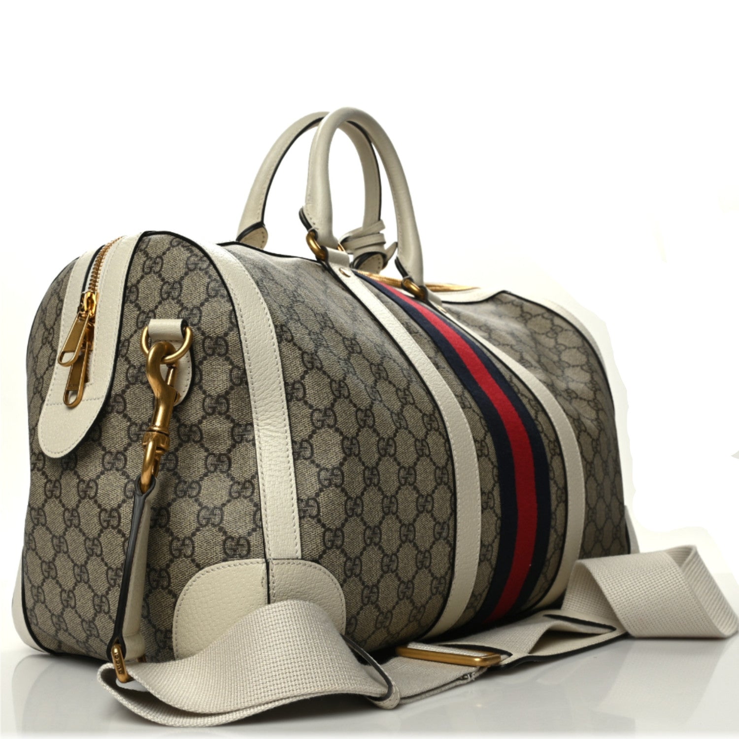 Gucci GG Supreme Monogram Textured Dollar Calfskin Web Medium Ophidia Duffle Bag Beige Ebony Mystic White 3 of 13
