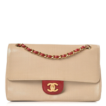 Chanel Lambskin Perforated Medium Single Flap Bag Beige Red 1 of 10