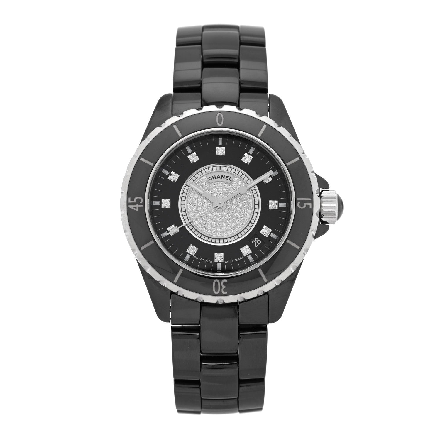 Chanel Stainless Steel Ceramic Diamond Dial 38mm J12 Quartz Watch Black 1 of 5