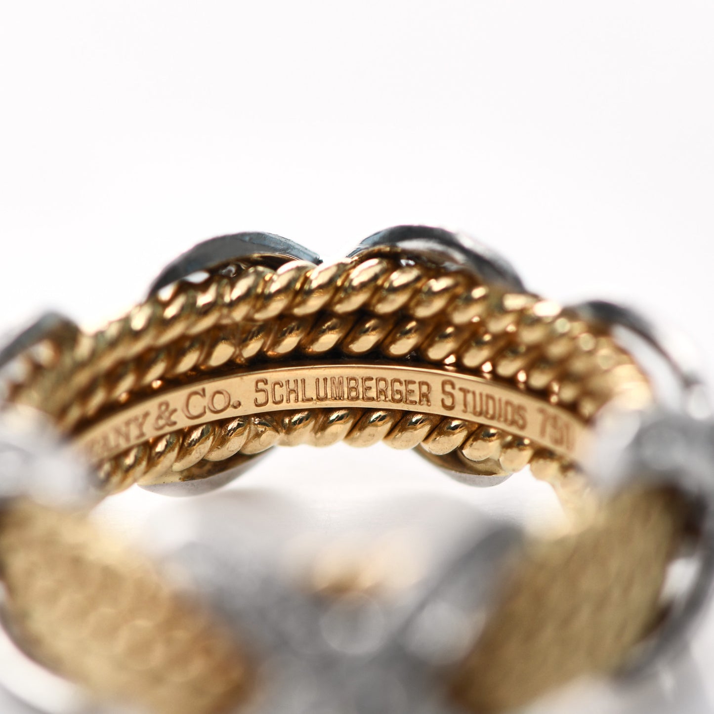 18K Yellow Gold Platinum Diamond Schlumberger Rope Four Row X Ring 53 6.25
