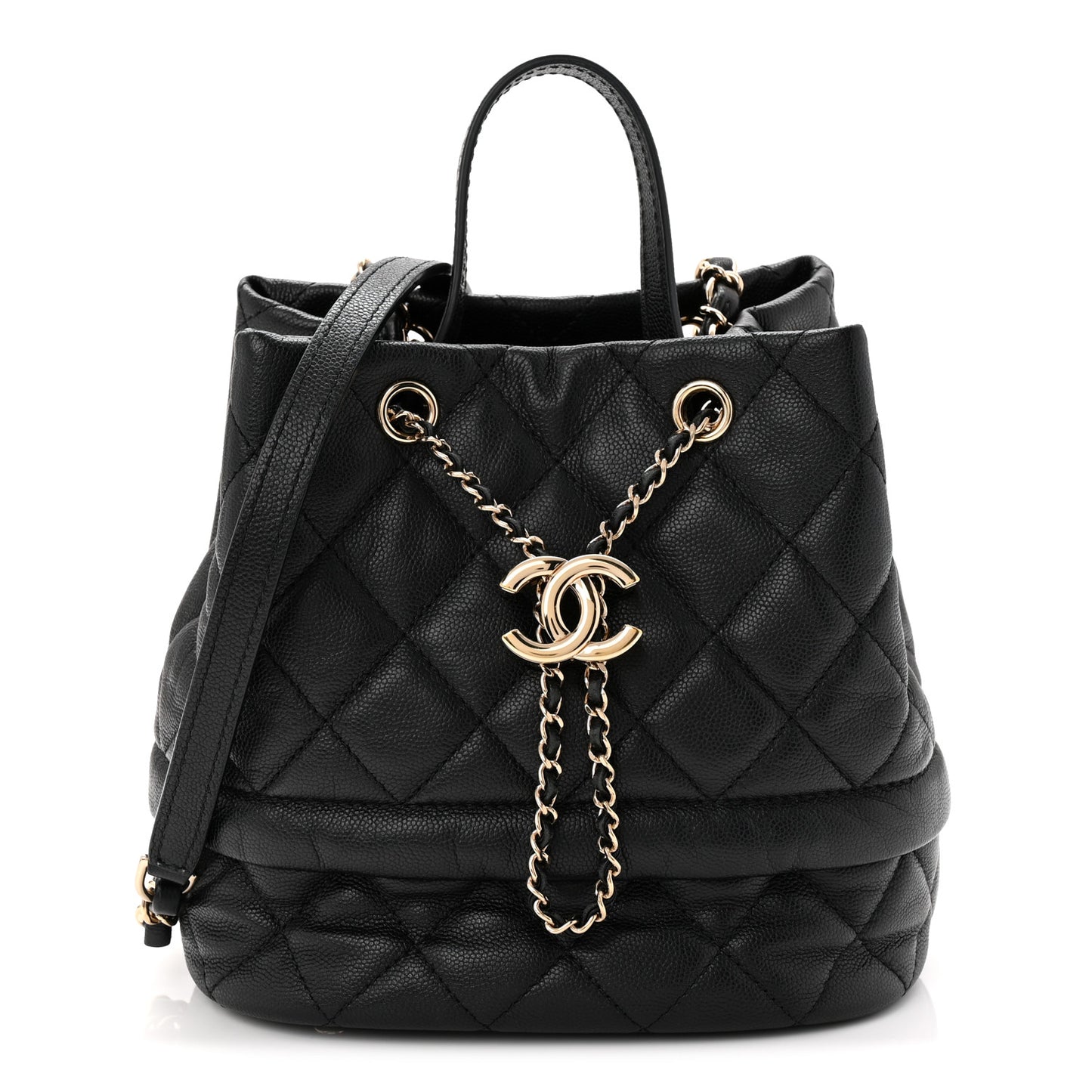 Caviar Quilted Rolled Up Bucket Drawstring Bag Black