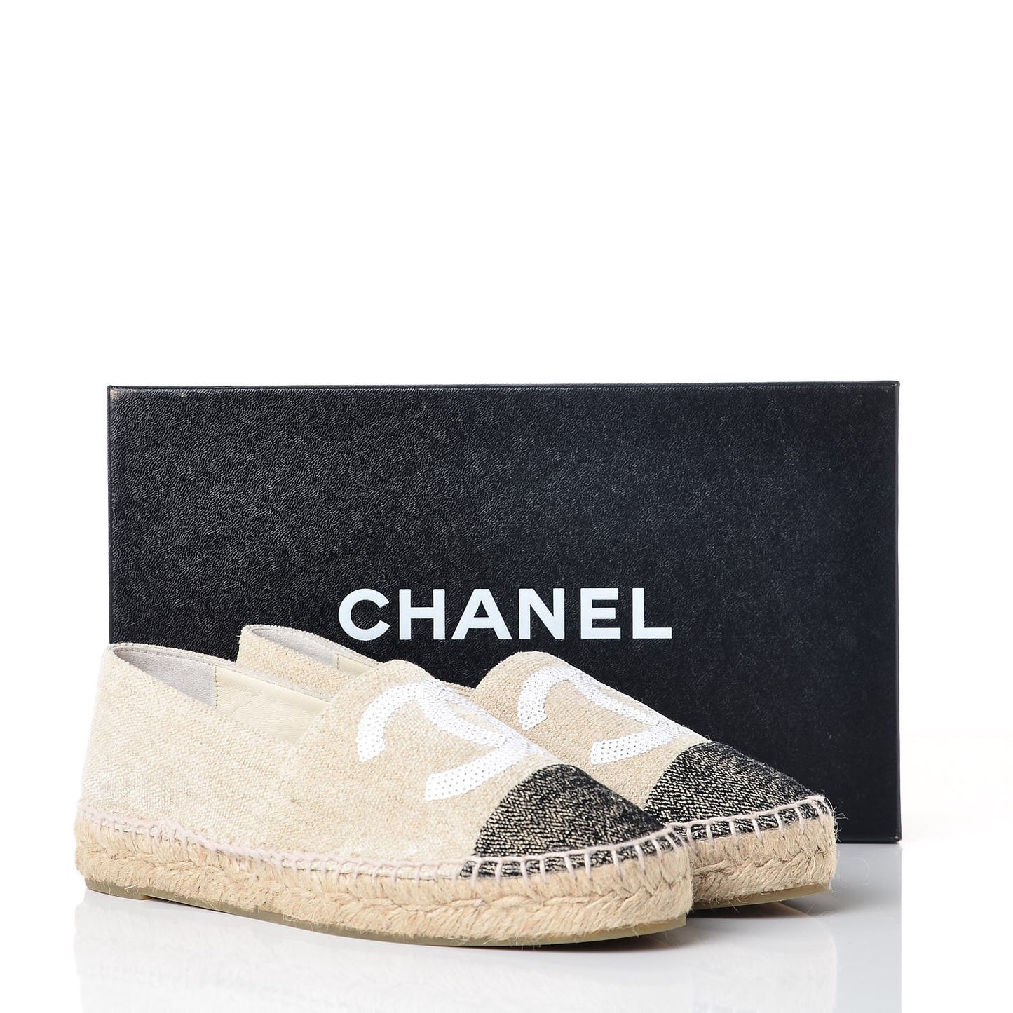 Linen Sequin CC Espadrilles 36 Beige Black