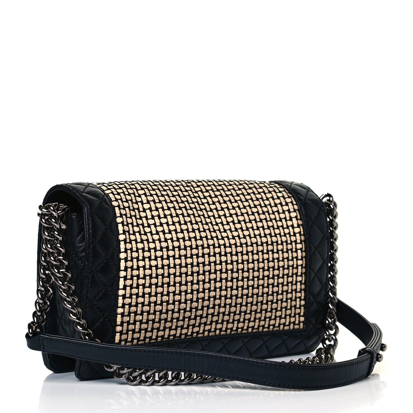 Calfskin Woven Medium Boy Reverso Flap Black