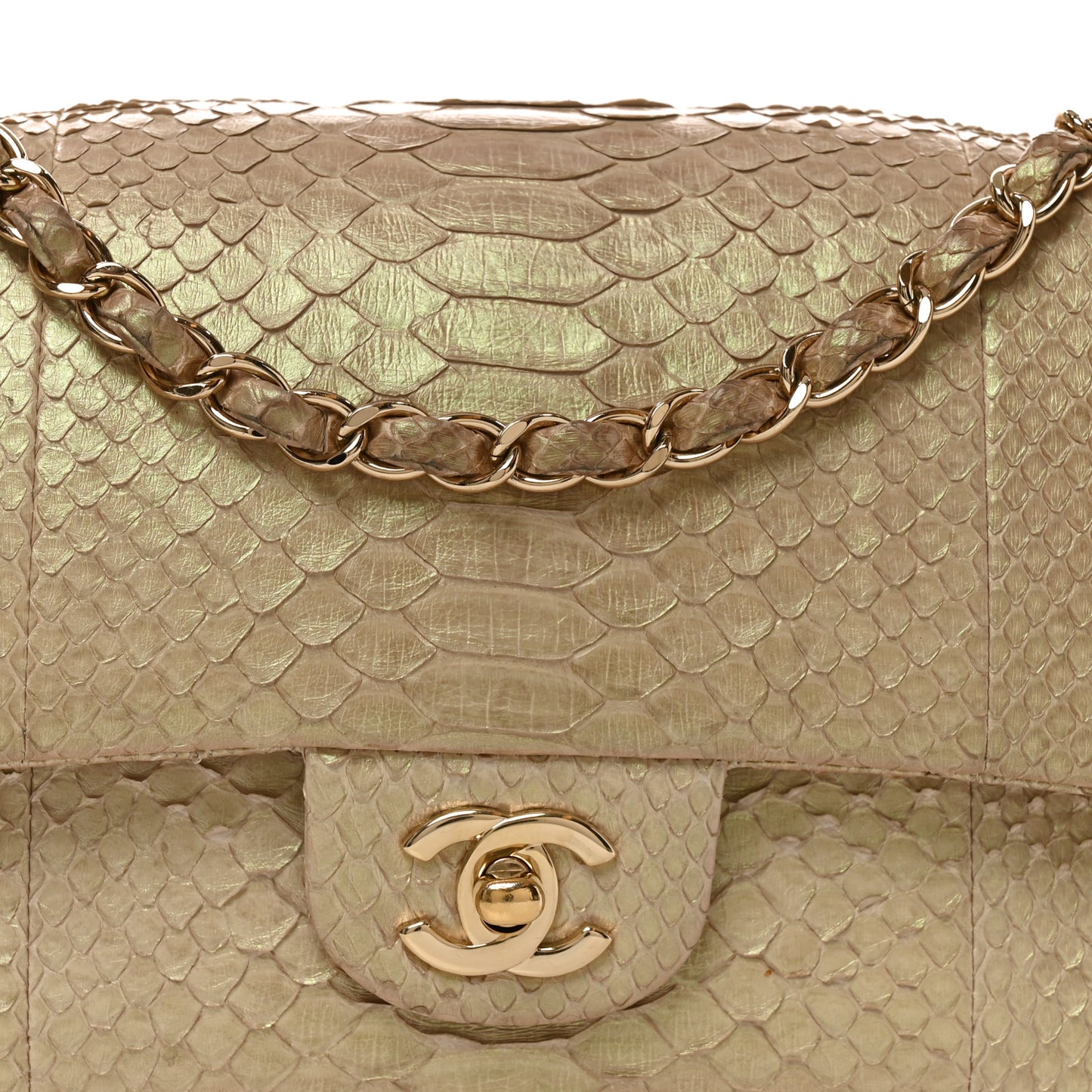 Metallic Snakeskin Medium Double Flap Light Beige